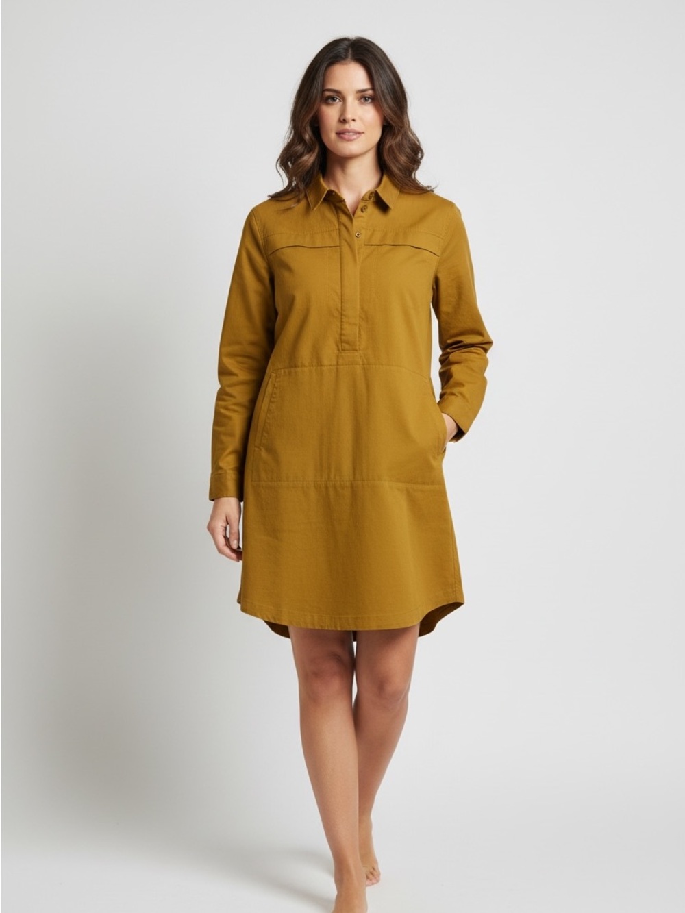 Title Nine Long-Sleeve Shirt Dress in Mustard